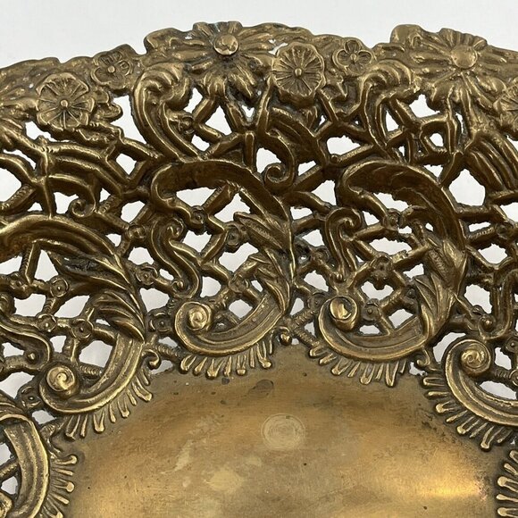 Vintage Ornate Brass Victorian Basket Tray Dish Floral Design 13.5'' - Picture 7 of 10